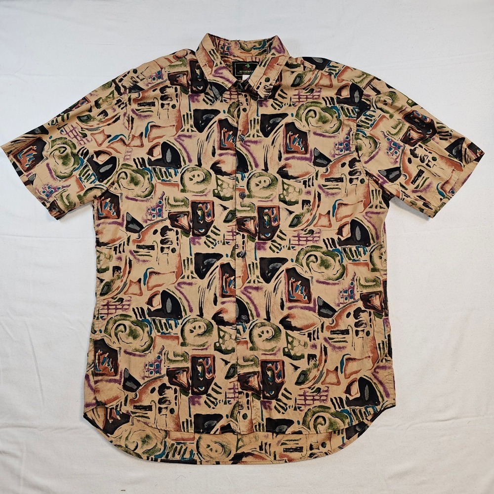 90s Vintage Palms Activewear Hawaii Abstract‎ Geometric Cotton Shirt Men XL Dad